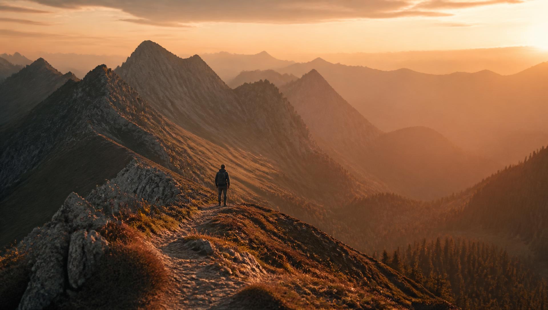 Hiker on a mountain ridge at golden hour